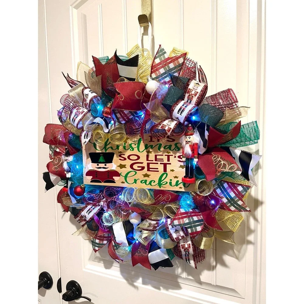 Christmas Nutcracker Holiday Ribbon Door Wreath Handmade 22 ins LED W3